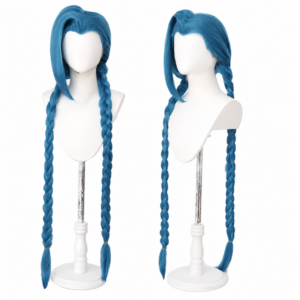 Blue braided Jinx cosplay wig, front and side views